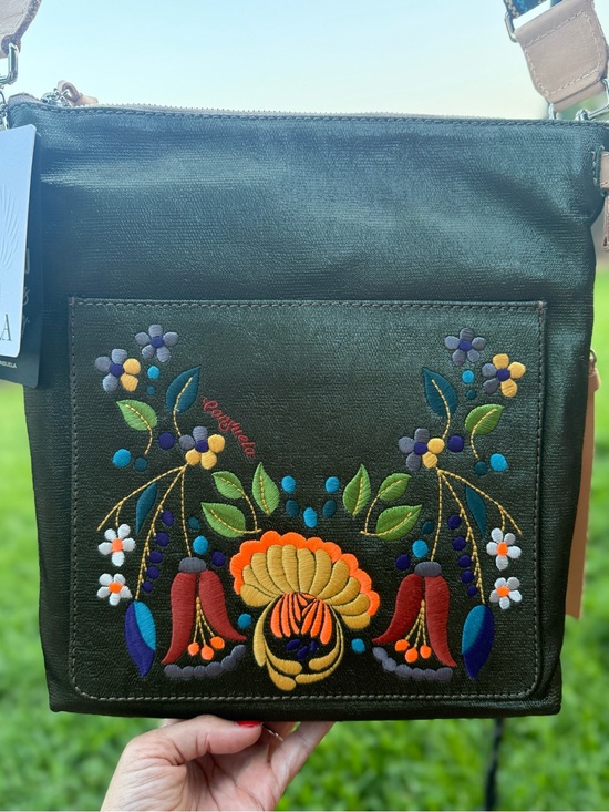 Consuela Handbags - NWT Consuela Tour Crossbody Bag Olive Floral Embroidered Leather Trim